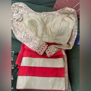 Gold & orange Embroidered Indian Saree Set Bright Orange wedding festival Diwali